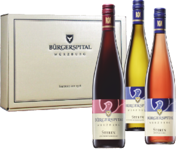 Präsent ”GUTSWEIN"  3er Geschenkkarton trockene Frankenweine vom VDP-Weingut Bürgerspital in Würzburg