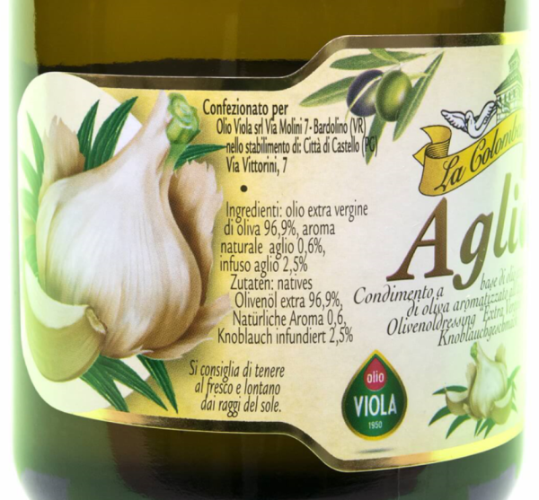 Viola La Colombara Olio Extra Vergine Agli Knoblauch Etikett links